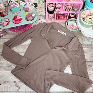 Cloud Dancer Long Sleeve Ribbed Quarter Zip Fitted Brown Top Women’s Size Small